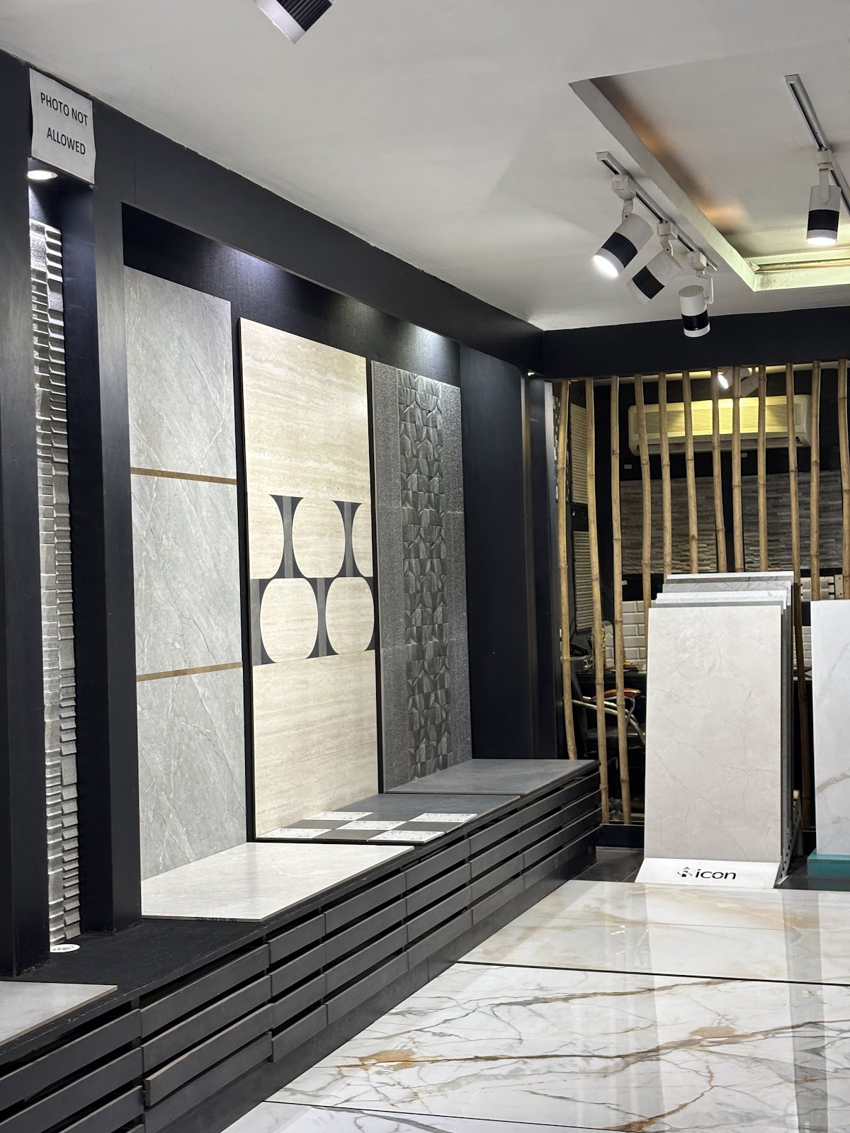 Illuminated wall and floor surface gallery inside World of Tile showroom in Sector 9 Noida