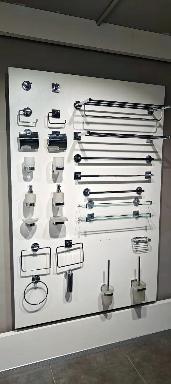 Jaquar bathroom accessories on a display panel
