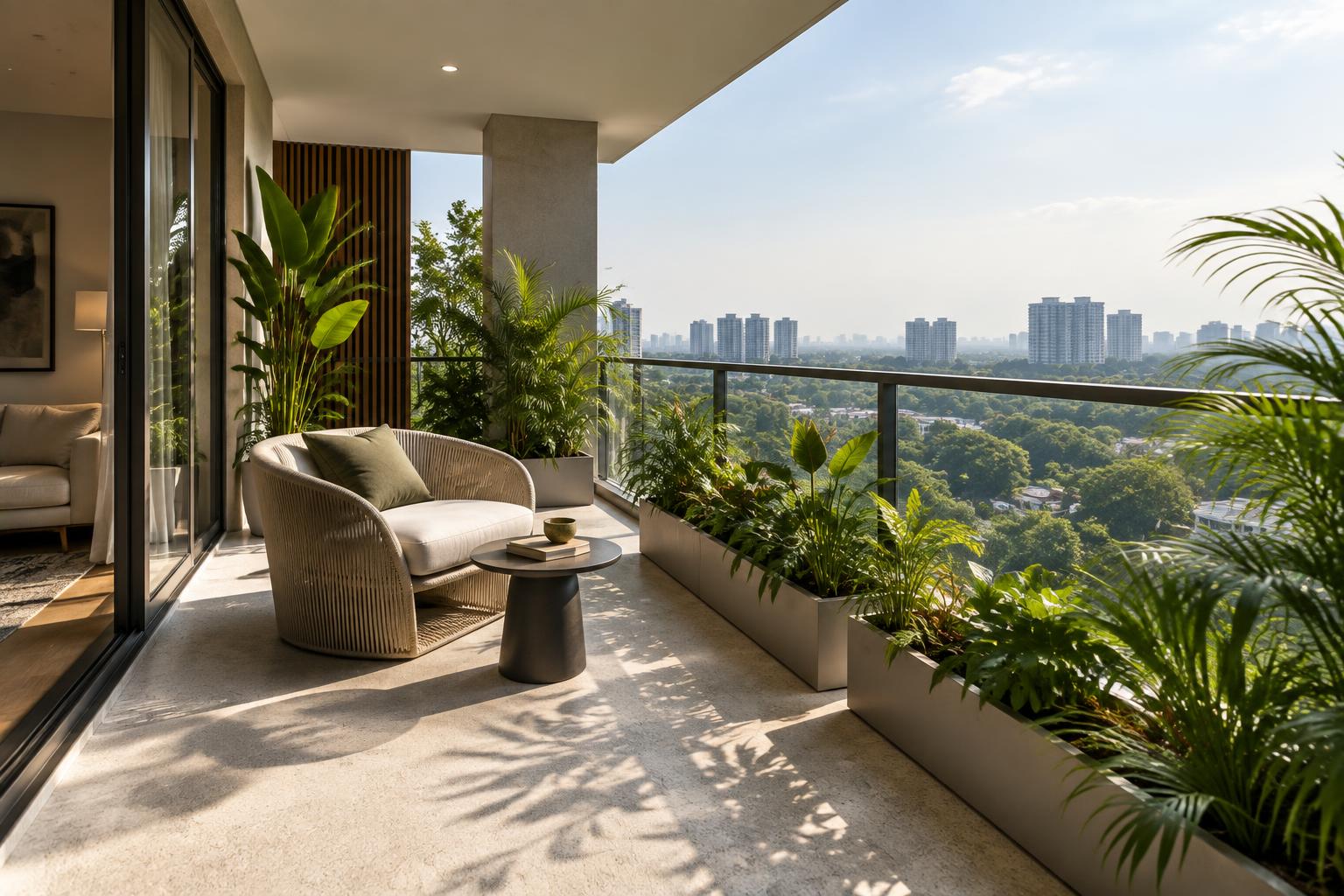 Sunlit covered apartment balcony with greenery, seating and a light textured floor, conceptual interior image