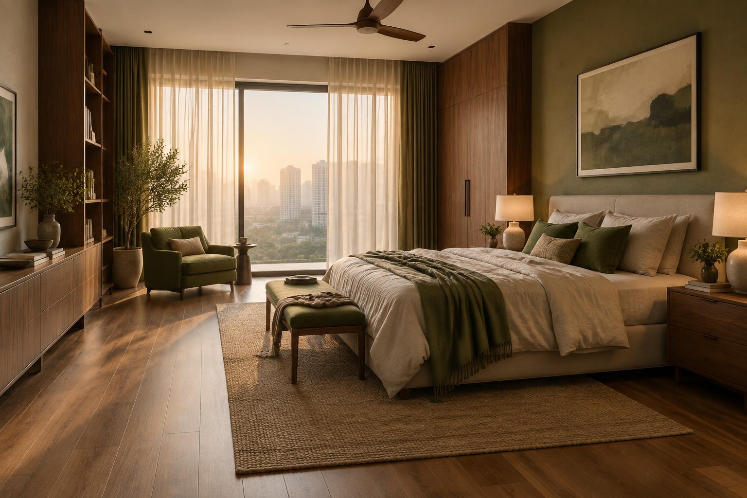 Warm apartment bedroom with walnut cabinetry, soft daylight and wood-look plank flooring, conceptual interior image