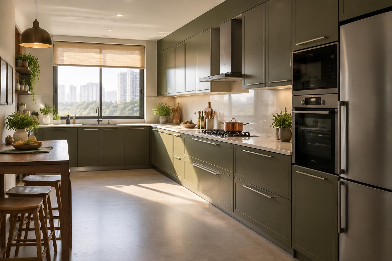 Bright apartment kitchen with olive cabinetry, a long countertop and a matt floor, conceptual interior image