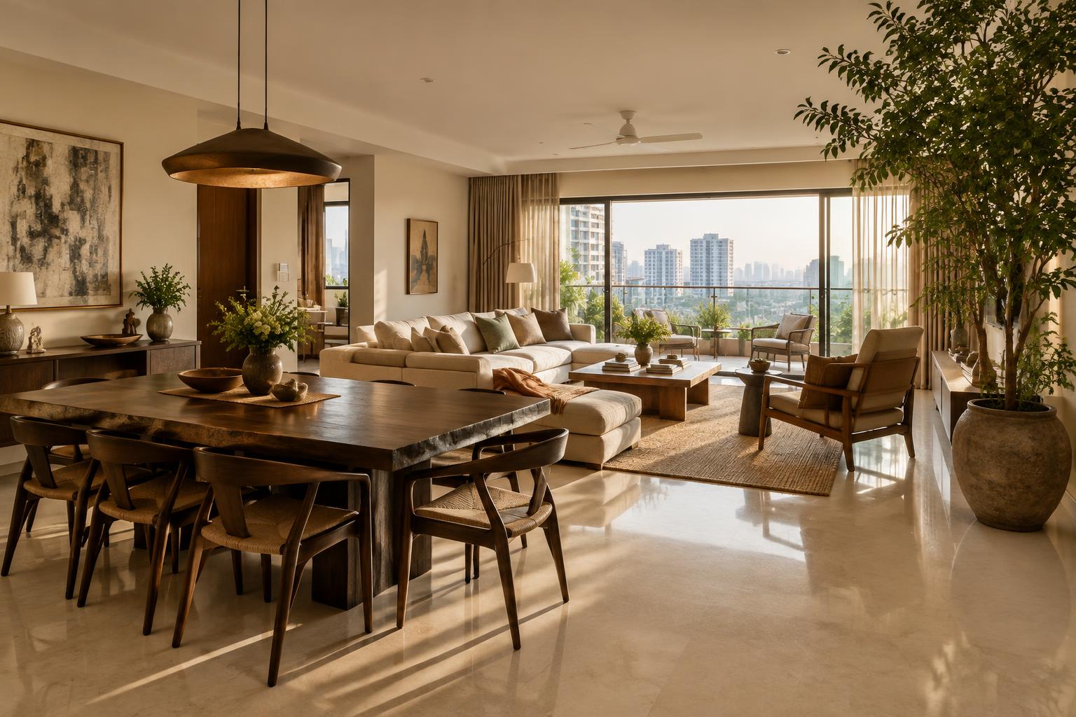 Sunlit open plan apartment living and dining room with a continuous light floor and balcony view, conceptual interior image