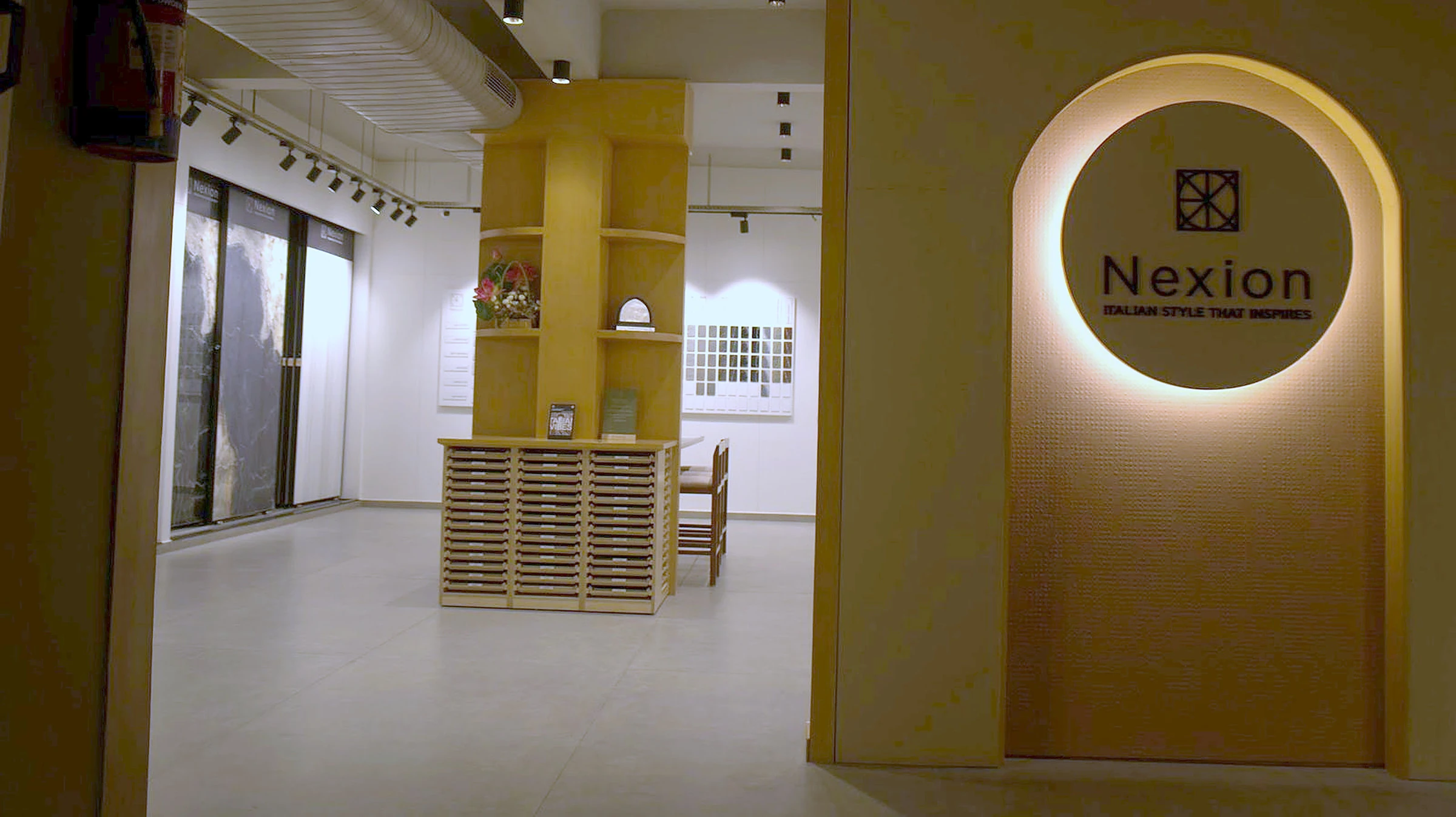 Room shown with warm stone surfaces